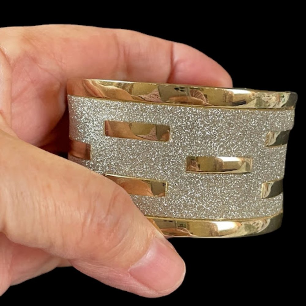 Silver and Gold Glitter Wide Clamper Fashion Bangle Bracelet Elegant Hinged